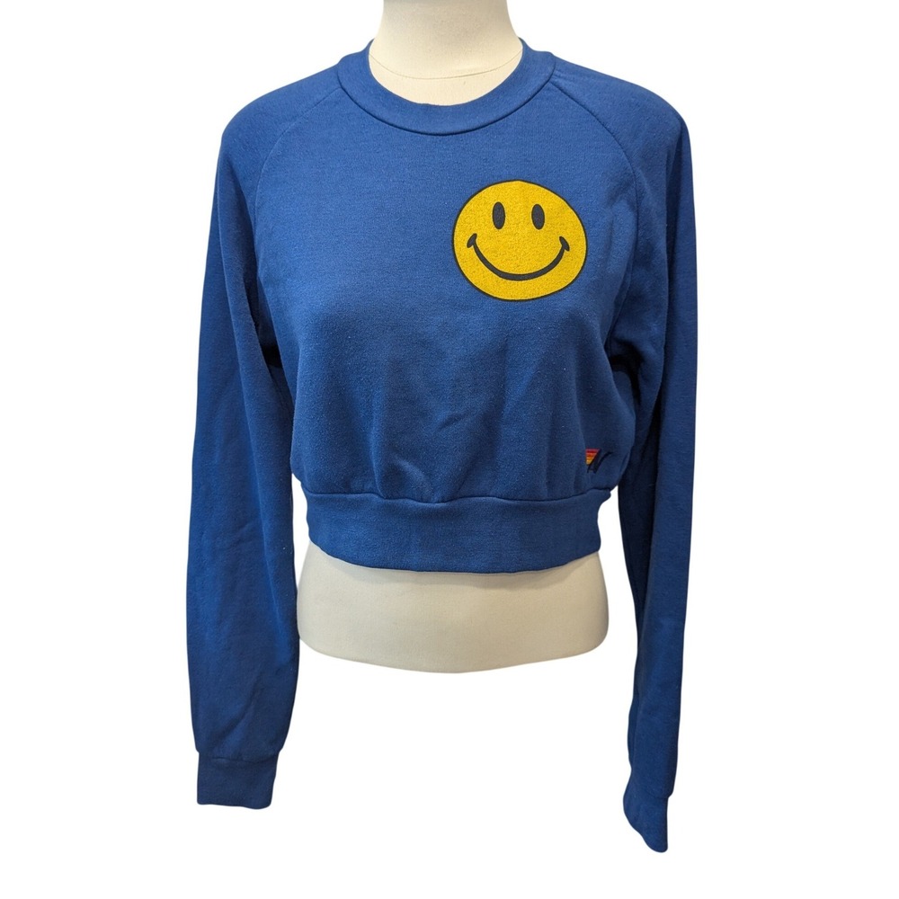 Aviator Nation Blue Smiley Face Cropped Sweatshirt Small Raglan Logo Pullover